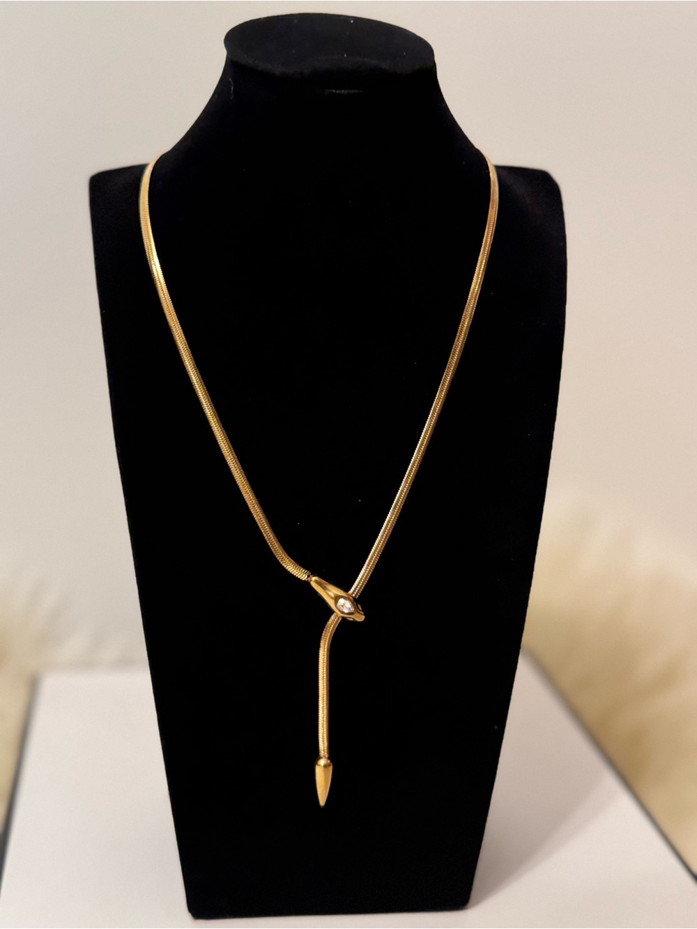 Gold Snake Lariat Necklace with Marquise Accent stainless steel non tarnish